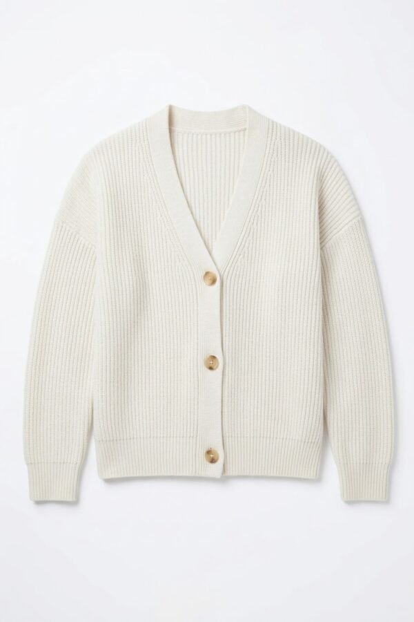 Cashmere Rib-Knit Cardigan – Relaxed V-Neck Front Cashmere Rib-Knit Cardigan – Relaxed V-Neck back